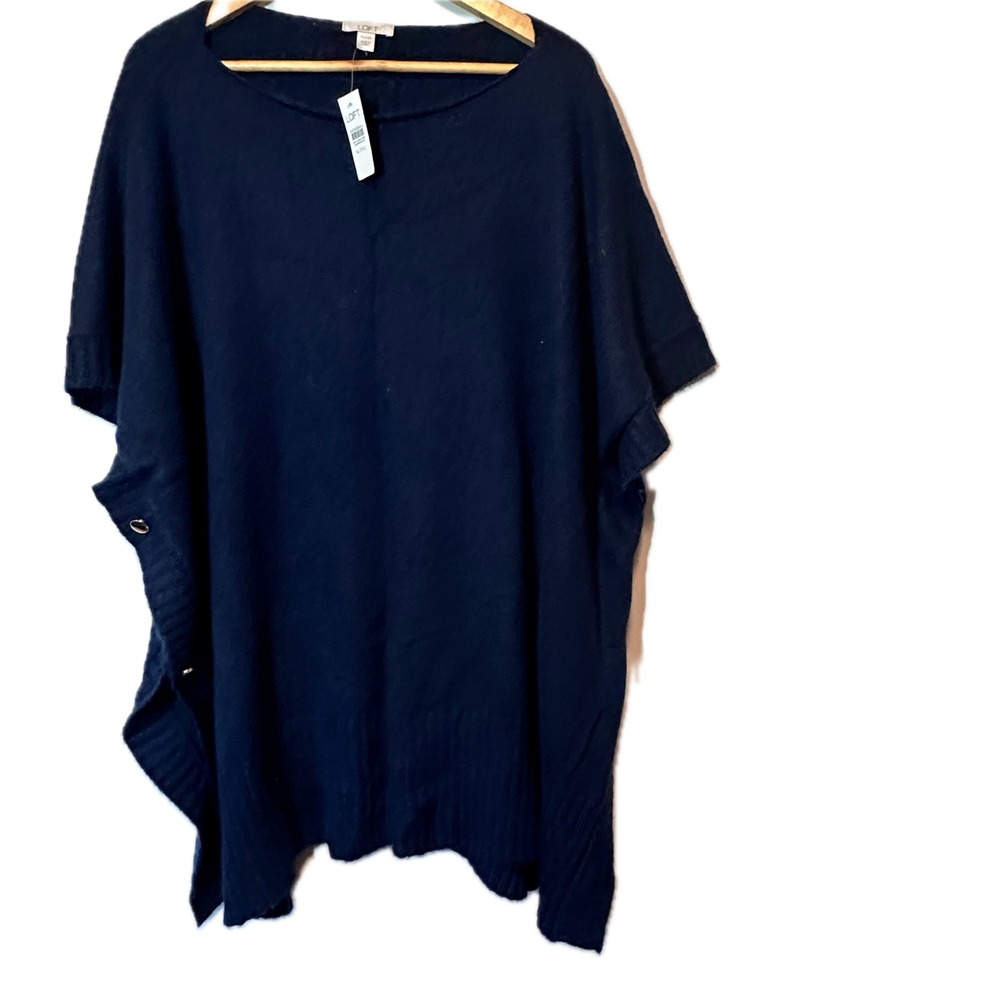 LOFT Navy Blue Wool Blend Poncho Sweater Side Button XL XXL New With Tags